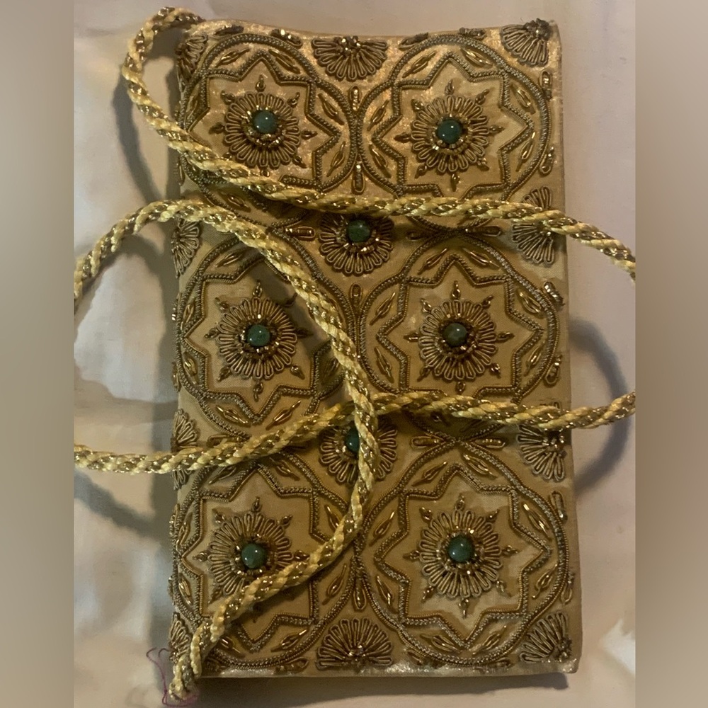 Vintage 50’s Gold Silk & Jeweled  From India, Embroidery Gold Tone Shoulder Bag